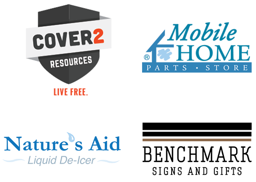 Cover2Resources, Mobile Home Parts Store, Nature's Aid, and Benchmark Signs and Gifts Logos
