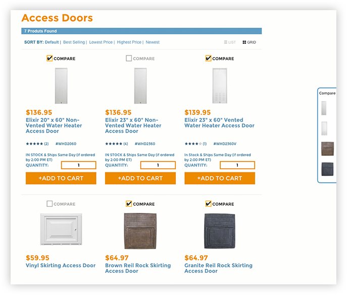 Mobile Home Parts Store's custom compare function lets customers look at products side-by-side.