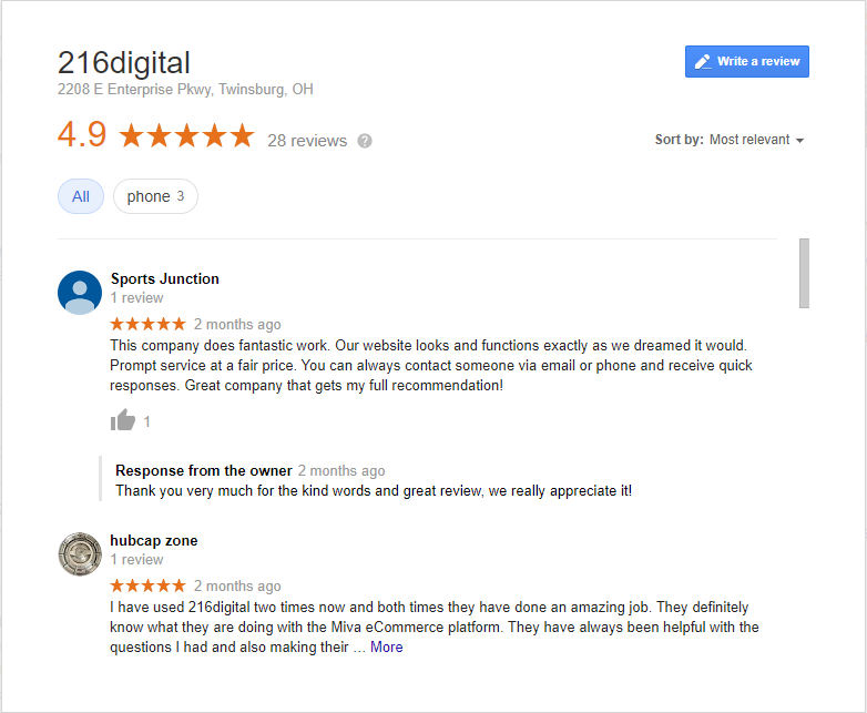 Google Reviews Showing Two Five Star Reviews For 216digital.