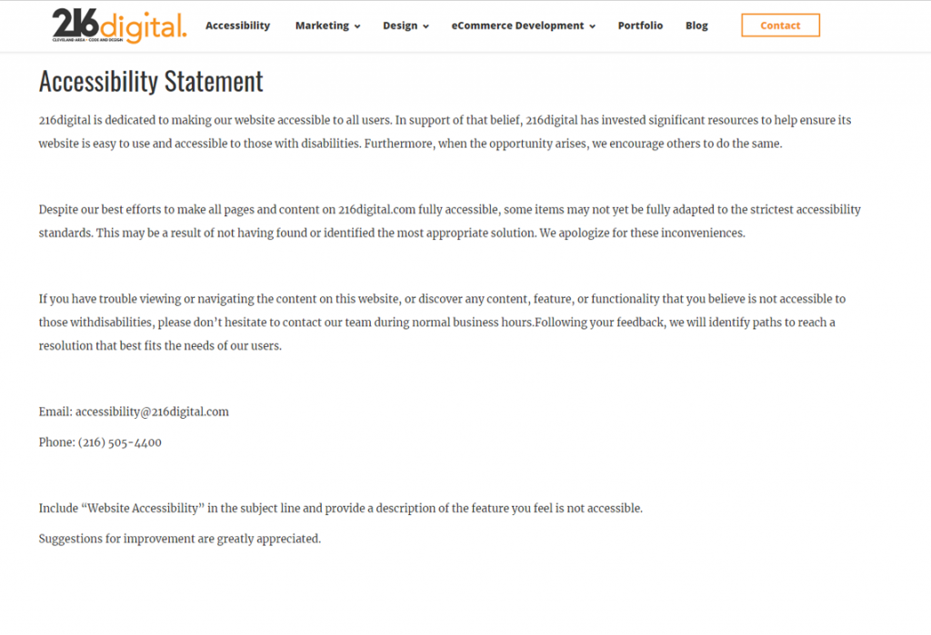 ADA Website Accessibility Statement - 216digital