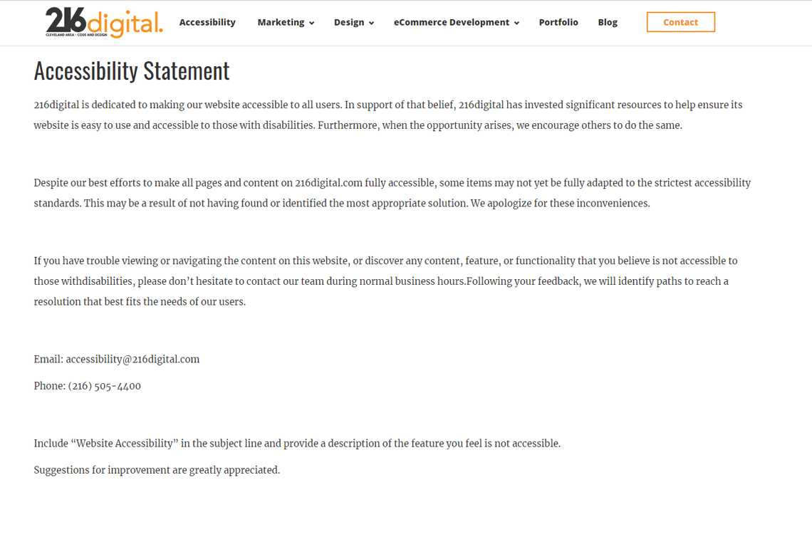 ADA Website Accessibility Statement 216digital